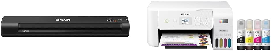 Epson Workforce ES-50 Portable Sheet-Fed Document Scanner for PC and Mac & EcoTank ET-2803 Wireless Color All-in-One Cartridge-Free Supertank Printer with Scan