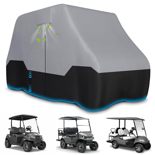 Zenicham 2/4 Passenger Golf Cart Cover Waterproof, 600D Heavy Duty Golf Cart Cover with Waterproof Strips Universal Fits for EZGO, Club Car, Yamaha Golf Cart(112\"LÃ—48\"WÃ—66\"H, Gray/Black)