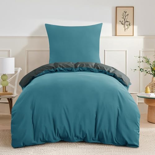 RUIKASI Ropa de cama de 155 x 220 cm, turquesa y gris, 2 piezas, ropa de cama reversible de 155 x 220 cm con cremallera, ropa de cama de microfibra Öko-Tex, suave y no necesita planchado