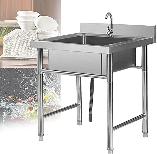 QMMD Fregadero Comercial 304 Acero Inoxidable Fregaderos Industriales Independientes Fregadero Cocina 1 Compartimientos Fregadero Cuadrado con Grifo Fregadero para lavavajillas para Exterior Jardin
