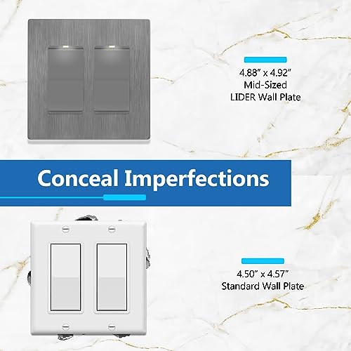 Image of LIDER Double Decorator Switch Cover, Screwless Wall Plate, Mid-Size 2-Gang 4.88 inch x 4.92 inch, LSWP-32M-BGY10P, UL Listed, Thermoplastic, Brushed Gray, 10-Pack