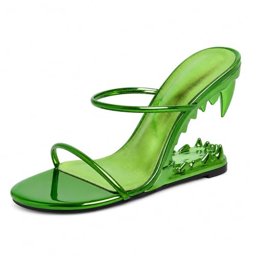 Wedge Sandals for Women, Metallic Shark Teeth Statement Heels​ (Green-a,7)