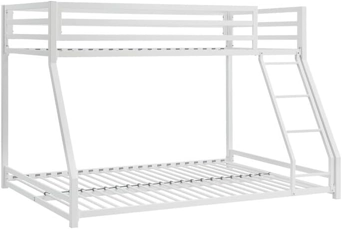 HomeStock Earthy Elegance 54 Inch Twin Over Full Bunk Bed with Ladder White Metal Frame and Ground Level Base