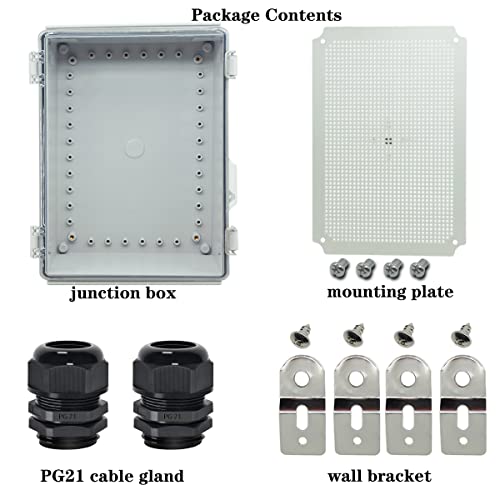 Image of Zulkit Junction Box IP67 Waterproof Electrical Box Hinged Clear Cover Stainless Steel Latch Plastic Enclosure for Project w Mounting Plate Wall Bracket and 2 Cable Gland 13.8 inchx9.8 inchx5.9 inch /350x250x150mm