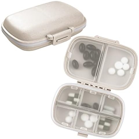 2PCS Travel Pill Organizer, 8 Compartments Portable Pill Case, Small Pill Box for Pocket Purse Portable Medicine Vitamin Container Beige Cover