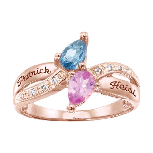 10K 14K 18K Gold Mothers Ring Personalized 2 Name Ring for Women Customized 2 Teardrop-Shaped Birthstones Engrave Any Names Jewelry for Mother’s Day Family Mom Grandma Wife Her3