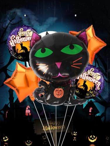 Image of AMFIN (Pack of 5) Happy Halloween Party, Haunted Cat Foil Balloons - Black