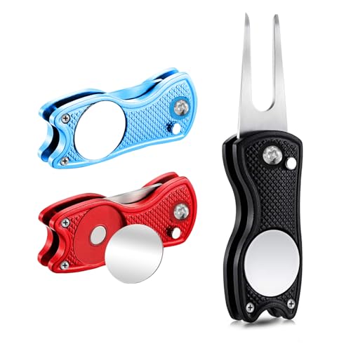 YTUGIL Pitchgabel Golf 3 Stück Faltbare Golf Divot Reparaturgabel mit Magnetischem Ballmarker Edelstahl Pitchgabel Set für Golfplatz Alignment Sticks Golf Zubehör Geschenk für Golfer