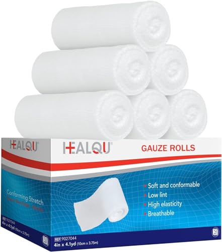 HEALQU Bende di garza alta qualità e tessuto, per medicazioni e ferite, confezionate singolarmente, extra morbide ed elastiche, materiale di primo soccorso (10 cm, 12 rotoli)