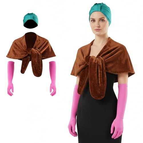 SERTAS Christmas Costume Attic Outfit Green Turban Hat Faux Fur Wrap & Pink Gloves for Adults Cosplay Party