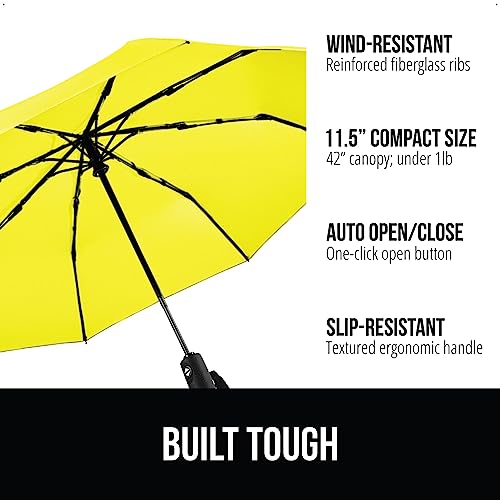 Image of GORILLA GRIP Compact Travel Size Umbrella for Rain, Sleek Design Fits Backpack, Purse and Carry On, Lightweight Under 1lb, One Click Open and Close, Wind Resistant, Durable Waterproof, Yellow