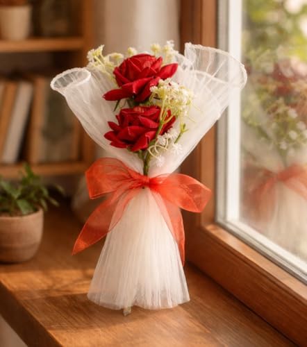 Image of SATYAM KRAFT 1 Pcs Artificial Flower Mesh Rose Bouquet for Him Her Girlfriend Boyfriend Wife Husband | Romantic Decor for Anniversary, Wedding, Birthday, Home Decor (White)