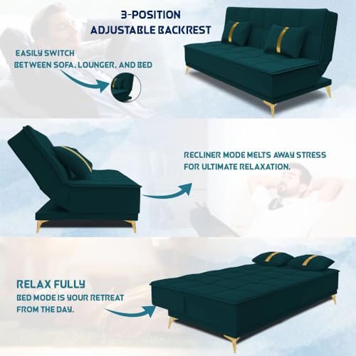 Image of Adorn India Premium New Alyssum 3 Seater Sofa Cum Bed 4X6 Velvet Suede with 2 Cushions (Color Ocean Blue) and Suitable for All Indoor, with 3 Years Warranty