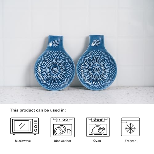 Image of Ceramic Spoon Rest, 7.48 Inches Spoon Holder for Kitchen Counter, Kitchen Accessories, Dishwasher Safe, Dark Blue