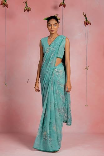 Image of MIRCHI FASHION Saree for Woman Georgette Floral and Leaf Printed | Elegant Farewell and Ceremonial Women's Sari with Blouse Piece