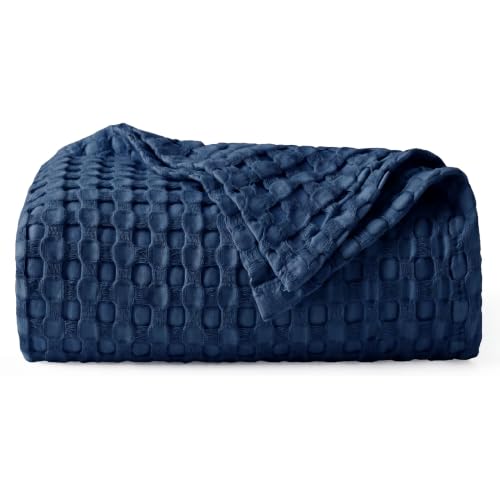 Image of Bedsure Cooling Cotton Waffle Weave Blanket - Lightweight Breathable Blanket of Rayon Derived from Bamboo for Hot Sleepers, Luxury Throws for Bed, Couch and Sofa, Navy, 50x70 Inches