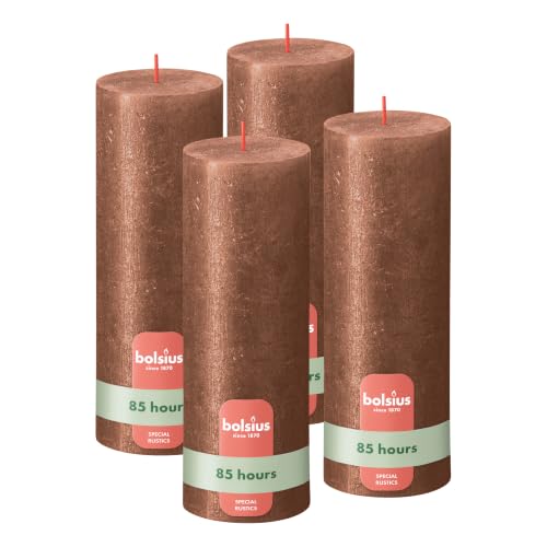 Bolsius Vela rústica de pilar – Cobre brillante – Paquete de 4 – Largo tiempo de combustión de 85 horas – Vela doméstica – Decoración de interiores – Sin perfume – Incluye cera vegana natural – Sin