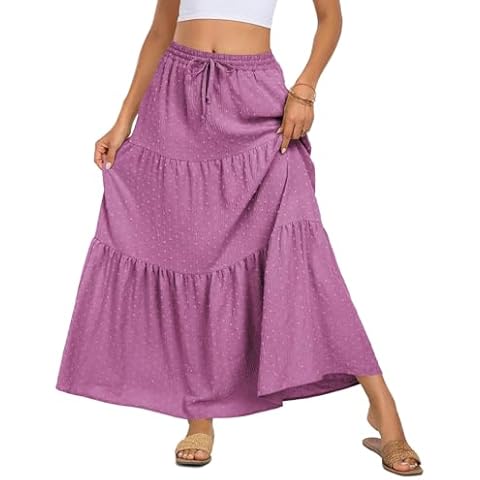 BLEVONH Women's Fall Boho High Waist Flowy Maxi Skirt Ruffle Tiered Swiss Dot Casual Long Skirts and Pockets Purple Medium Cover
