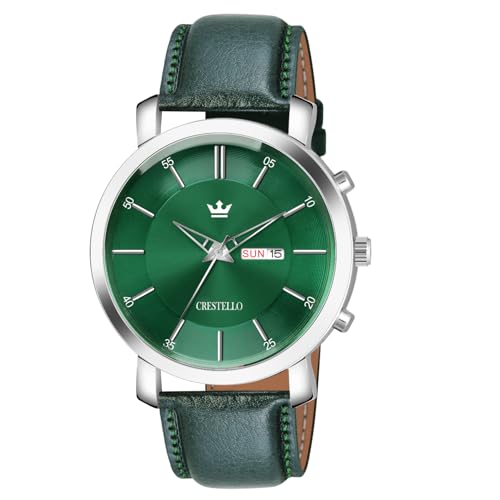 Image of CRESTELLO Brown /Green /Black Leather Strap Analog Wrist Watch with Day-Date Display for Men (Silver /Green /Brown /Black Dial) | CR-WT210