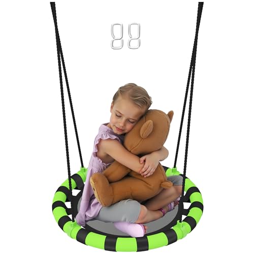 AIYAPLAY Kids Nest Swing Seat, Hanging Set with Height Adjustable Ropes for Kids, 60cm Diameter Round Saucer Swing Chair for Outdoor, Garden, Black/Green