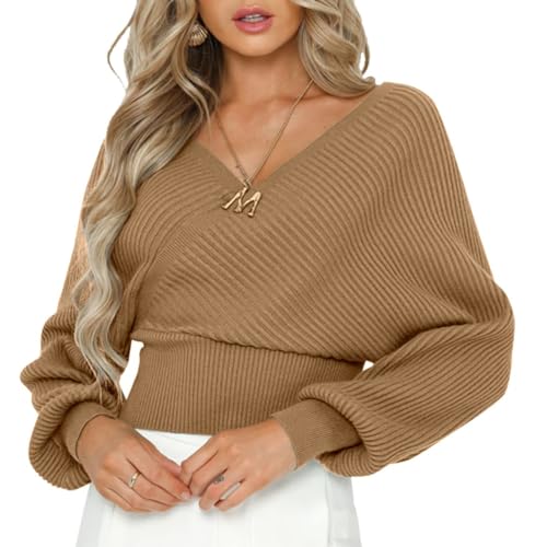 Image of ZAFUL Womens V Neck Cropped Wrap Sweaters Drop Shoulder Lantern Sleeve Pullover Tops Winter Sexy Cross Ribbed Clothes