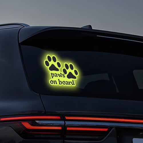Image of 2pcs Reflective Paw Print Decal Dog Paws on Board Car Window Sticker Safety Warning Sign Stickers Funny Reflective Vinyl Stickers for Car Motorcycles Laptop (Fluorescent Green)