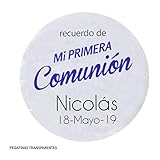 Con estas pegatinas de comunión personaliza los regalos de tus invitados con un diseño transparente de lo más original., Son unas bonitas pegatinas con el texto "Recuerdo de Mi Primera Comunión" junto al nombre de tu hijo y la fecha del evento como te mostramos en imagen., Elige estas pegatinas para que la presentación en los regalos de tus invitados sea de lo más original.