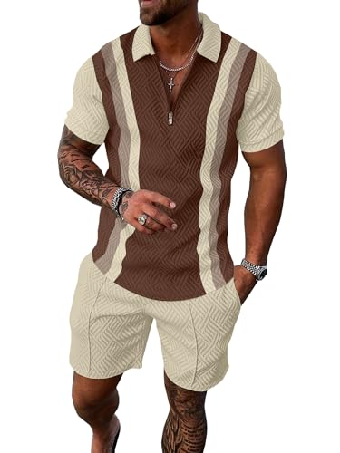 UOUA Mens Summer Track Suits 2 Piece Shorts Sets Short Sleeve Sweatsuit Outfits 1/4 Zip Golf Polo Splicing Striped Shirts