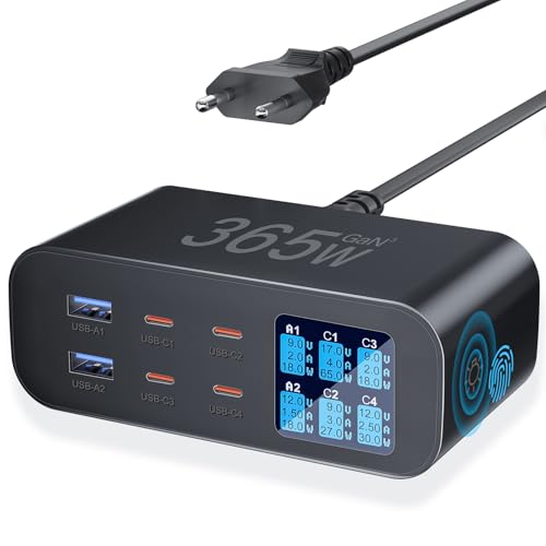 365W Caricatore USB C Multiplo con Schermo LED, YSYFAD 6 Porte Stazione di Ricarica GAN Fast PD Caricatore USBC 100W QC...