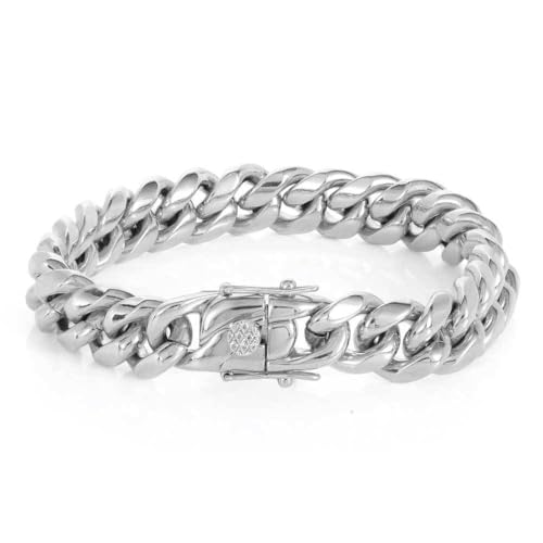 18K gold men's Cuban fashion dragon buckle 12mm wide bracelet, hip-hop trend bracelet, men's tennis bracelet gift (18K White Gold, 7.5 inch)