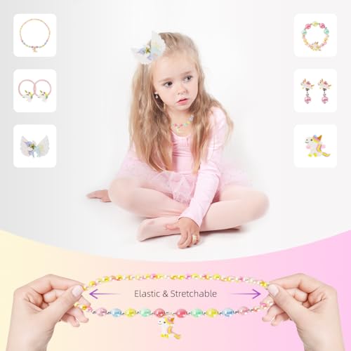 Image of SANNIDHI Unicorn Jewellery Set for Kids Pearl Bead 8 Pcs | Pretend Dress Up, Party Styling, Bracelet Necklace Earrings Ring, Coordinated Accessories, Creative Role Play