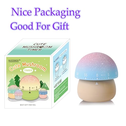NUOSWEK Mechanical Kitchen Timer, Cute Mushroom Timer for Kids, Wind Up 60 Minutes Manual Countdown Timer for Classroom, Home, Study and Cooking (Beige Base)