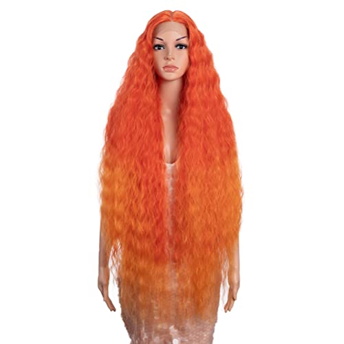 Style Icon 41” Lace Front Wigs Long Wavy Synthetic Wigs With Baby Hair Half Hand Tied 130% Density Wigs (41", T-Red/Orange) #TOP16