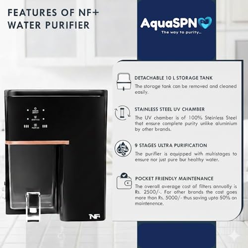 Image of Aquaspn NF 10L Storage NF60+UV + Copper Water Purifier| Ideal For TDS Range 200 to 500 ppm| Retains Minerals Unlike RO| Free Pre-Filter Along With The Product| Best NF UV Water Purifier For Home,Black