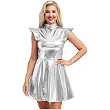 Linjinx Womens Shiny Metallic Dress High Waisted Skater Dresses 70s Disco Costumes Sparkle Outfit Silver Large