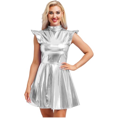 Linjinx Womens Shiny Metallic Dress High Waisted Skater Dresses 70s Disco Costumes Sparkle Outfit Silver Large