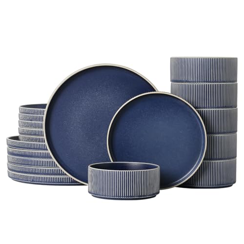 Image of Dinnerware Set Service for 6, 18-Piece Ceramic Plates and Bowls Set, Chip & Scratch Resistant, Microwave and Dishwasher Safe, Modern Minimalist Tableware for Everyday Use, Matte Blue