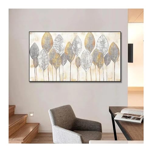 Toile murale moderne abstraite avec feuille d'or format 90x180cm encadrée pour salon