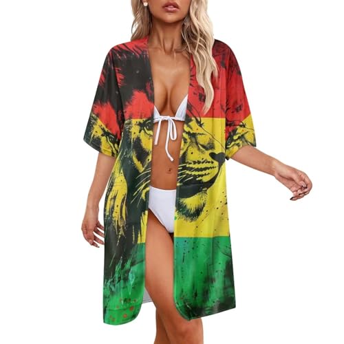 Srengjodk Jamaica Lion Printed Party Tops 2024 Rasta Shirts Sexy Jamaican Clothes Raggae Outfits Women's Vacation Clothing Plus Size Swim Cover Up Rasta Style X-Large
