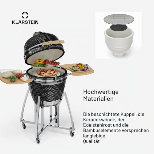 Foto von Klarstein Kamado-Grill - zum Grillen, langsamen Garen, Smoken oder Backen, abnehmbare Seitenteile, Keramik, Edelstahl, Bambus, Thermometer von 0-400 °C, 3 Rollen, 75 x 132 x 125 cm, schwarz