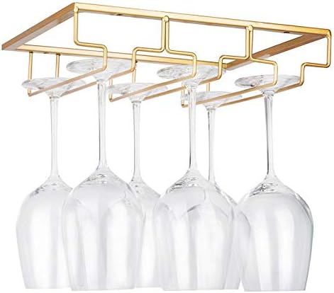 FOMANSH Wine Glass Rack Under Cabinet - Stemware Holder Metal Wine Glass Organizer Glasses Storage Hanger for Bar Kitchen Brown 4 Rows