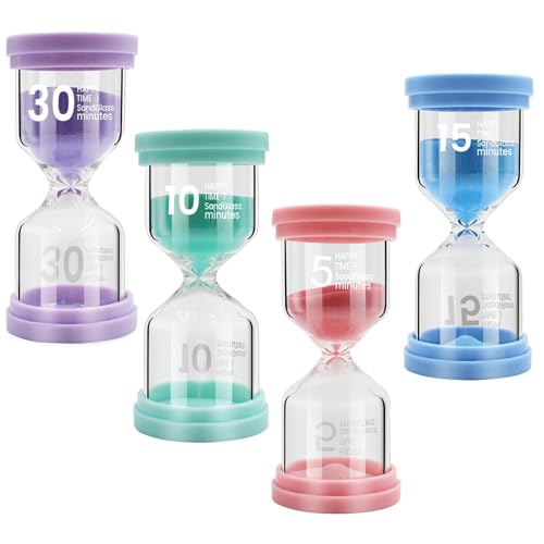 Set di 4 clessidra colorate per bambini, clessidra colorata, timer per uova, timer in vetro da 5/10/15/30 minuti, per lavarsi i denti e giochi in classe