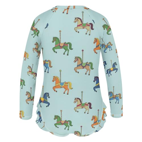 Carousel Horses on Blue Girls Rash Guard Swimsuits Long Sleeve One Pieces Bathing Suit UPF 50+ Zipper Swimwear3
