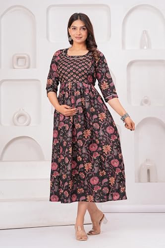 Image of The Moon Star Women's Cotton Floral Printed Anarkali Maternity Feeding Kurti | Breastfeeding Dress for Mothers | Zipper Feeding Kurti, Nursing Kurti, Comfortable and Trendy Maternity Wear