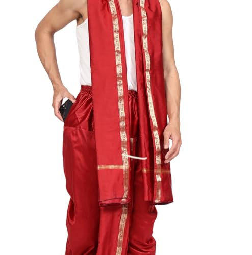 Image of Rameshwaram Fabrics Mens Ready to Wear Silk Dhoti with Angwastra Set - Pocket Dhothi