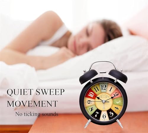 Image of Table Clock Retro Twin Bell Metal Frame Alarm Clock with Night Backlight Function & Silent Motion, Bedside Luminous Alarm for Students Bedroom /Office (Black Vintage)