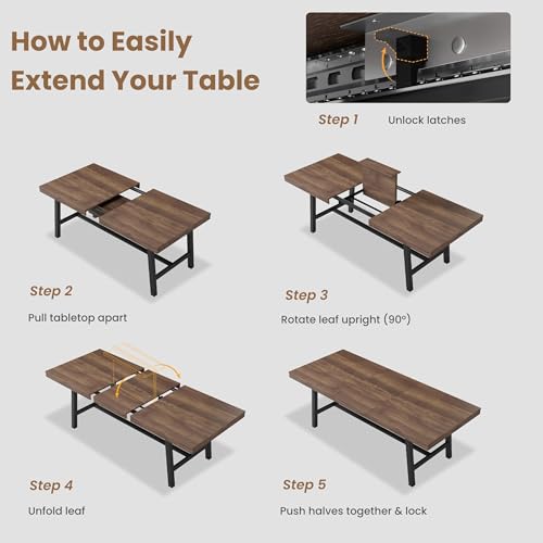 Image of GarveeHome 63-83 inch Extendable Dining Table, Industrial Rectangular Dining Room Table for 6-8 People, Expandable Kitchen Table with Heavy Duty Metal Frame for Dining Room, Kitchen & Parties, Brown
