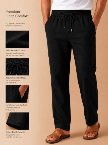 Comforts Men's Linen Pants, Gray, Elastic Waistband Ash Black - Image 3