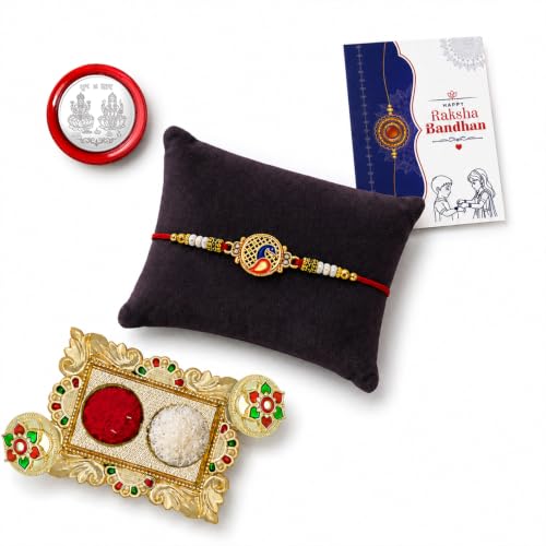 Image of Periapt Multicolor Rakhi Combo with Pooja Thali /Tilak Set, Greeting card, Pooja Coin (Rakhi23 VAR68)