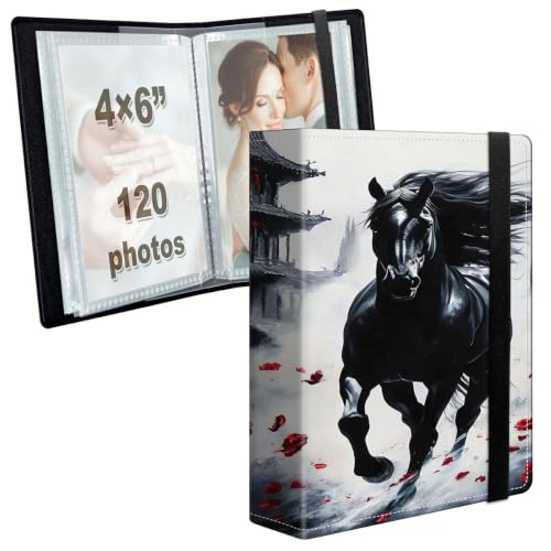 Image of Photo Album 4x6 120 Photos with Strong Elastic Band, Wild Black Horse | Large Capacity Premium Leather Picture Album, Portable Wallet Albums Photo Book for Family Anniversaries Wedding Baby